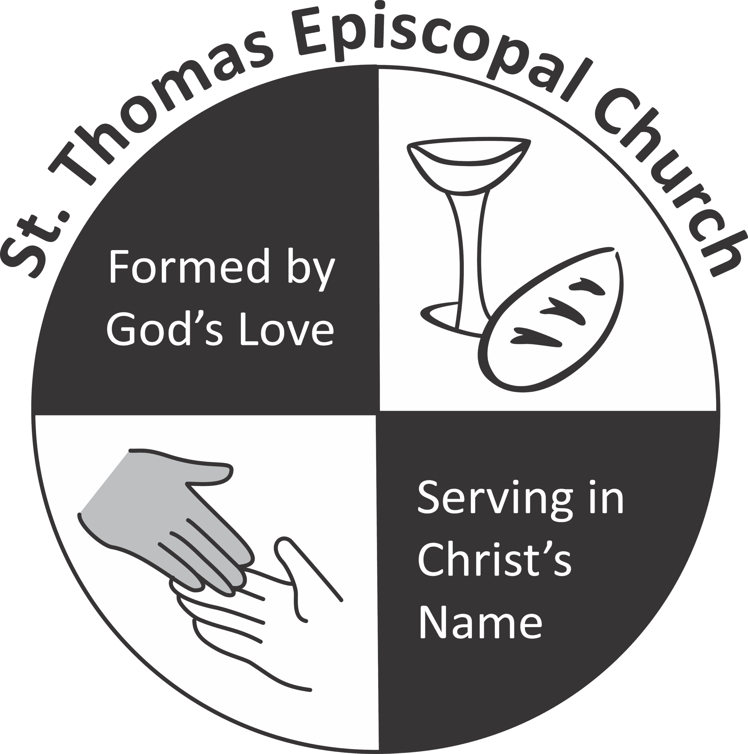 Logo of St. Thomas Episcopal Church featuring bread, wine, and hands.
